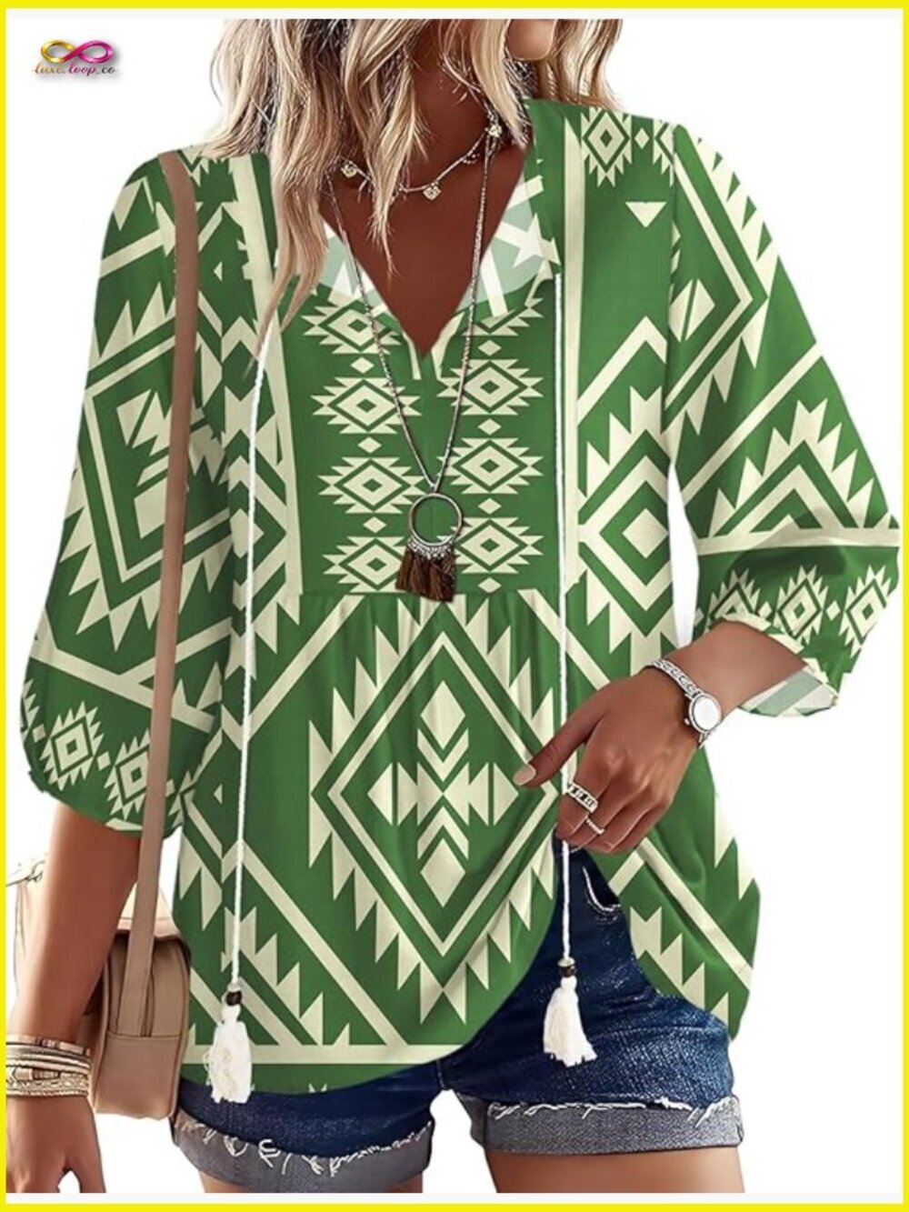 Boho Peasant Tunic Top 3/4 Lantern Sleeves V-Neck Tie Front Flowy